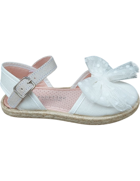 ALPARGATA HEBILLA Y LAZO BLANCA NACARADA CON PLATA