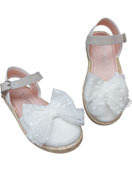 ALPARGATA HEBILLA Y LAZO BLANCA NACARADA CON PLATA
